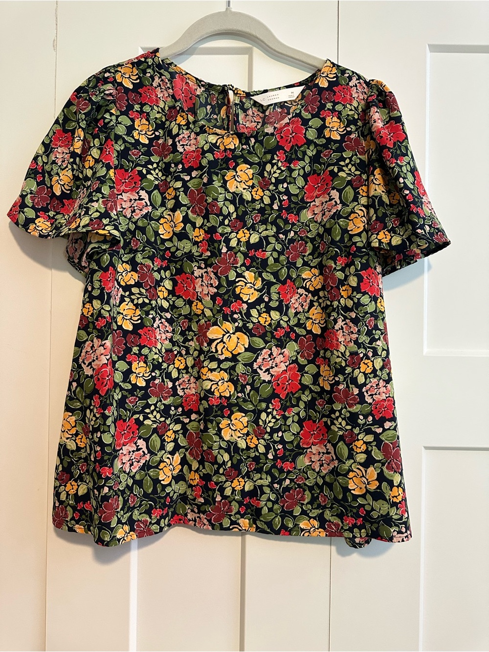 LC Lauren Conrad Floral Short-Sleeve Blouse - Black, Red, Yellow, Green